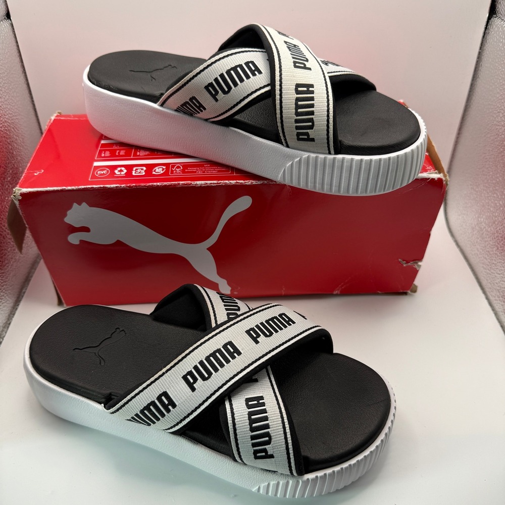 Puma Platform Slide Sandals Black White Logo Crisscross Straps Womens 6.5